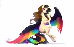 Size: 2685x1707 | Tagged: safe, alternate version, artist:sparkling_light, oc, oc only, alicorn, pony, alicorn oc, colored wings, female, flying, horn, looking at you, mare, multicolored wings, rainbow wings, simple background, solo, white background, wings