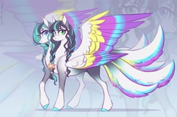 Size: 2883x1914 | Tagged: safe, artist:sparkling_light, oc, oc only, oc:rina and mira, pegasus, pony, braid, colored wings, concave belly, female, jewelry, mare, multiple heads, multiple tails, multiple wings, necklace, tail, wings, zoom layer