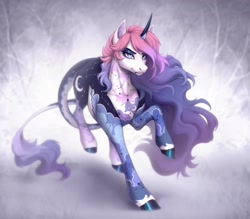 Size: 2061x1806 | Tagged: safe, artist:sparkling_light, oc, oc only, pony, unicorn, abstract background, cloud pattern, constellation freckles, eyebrow piercing, female, freckles, horn, horn ring, leonine tail, lip piercing, mare, piercing, ring, snake bites, solo, tail