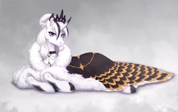 Size: 3788x2400 | Tagged: safe, artist:sparkling_light, oc, oc only, pony, unicorn, choker, cloak, clothes, commission, female, hair bun, horn, jewelry, looking at you, lying down, mare, prone, regalia, solo, unshorn fetlocks