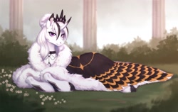 Size: 3788x2400 | Tagged: safe, alternate version, artist:sparkling_light, oc, oc only, pony, unicorn, choker, cloak, clothes, commission, female, hair bun, horn, jewelry, looking at you, lying down, mare, prone, regalia, solo, unshorn fetlocks