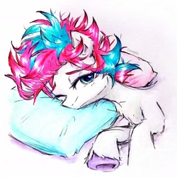 Size: 2006x2006 | Tagged: safe, artist:liaaqila, zipp storm, pegasus, pony, g5, bed hair, bedroom eyes, female, lying down, mare, messy mane, morning ponies, on side, pillow, solo, traditional art, unshorn fetlocks