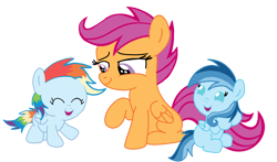 Size: 3812x2235 | Tagged: safe, scootaloo, oc, oc:ragtag, oc:shooting star, pegasus, pony, g4, baby, baby pony, female, filly, foal, offspring, parent:rainbow dash, parent:soarin', parents:soarindash, scootalove, siblings, simple background, transparent background, twins