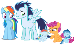Size: 3812x2235 | Tagged: safe, rainbow dash, scootaloo, soarin', oc, oc:ragtag, oc:shooting star, pegasus, pony, baby, baby pony, female, filly, foal, male, mare, offspring, parent:rainbow dash, parent:soarin', parents:soarindash, scootalove, ship:soarindash, shipping, siblings, simple background, stallion, straight, transparent background, twins