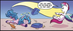 Size: 654x279 | Tagged: safe, idw, official comic, izzy moonbow, zipp storm, pegasus, pony, unicorn, g5, spoiler:comic, spoiler:g5, spoiler:g5comic, circling stars, comic, cute, dizzy, dizzy izzy, dizzy moonbow, flying, horn, izzybetes, maretime bay, pixelated, spread wings, wings