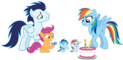 Size: 3812x1876 | Tagged: safe, rainbow dash, scootaloo, soarin', oc, oc:ragtag, oc:shooting star, pegasus, pony, g4, baby, baby pony, birthday, cake, female, filly, foal, food, male, mare, offspring, parent:rainbow dash, parent:soarin', parents:soarindash, party horn, ship:soarindash, shipping, siblings, simple background, stallion, straight, transparent background, twins