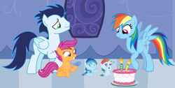 Size: 3812x1926 | Tagged: safe, rainbow dash, scootaloo, soarin', oc, oc:ragtag, oc:shooting star, pegasus, pony, g4, baby, baby pony, birthday, cake, cute, cutealoo, dashabetes, female, filly, foal, food, heartwarming, male, mare, offspring, parent:rainbow dash, parent:soarin', parents:soarindash, party horn, scootalove, ship:soarindash, shipping, siblings, stallion, straight, twins