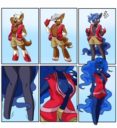 Size: 2117x2308 | Tagged: safe, artist:traupa, princess luna, oc, deer, anthro, unguligrade anthro, g4, breasts, cleavage, confused, furry, furry oc, furry to anthro, high res, male to female, transformation, transformation sequence, transgender transformation