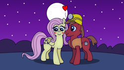 Size: 1191x670 | Tagged: safe, artist:meltingman234, fluttershy, oc, oc:bronze age, earth pony, pegasus, pony, blushing, canon x oc, duo, duo male and female, female, floating heart, heart, helmet, male, moon, shipping, straight