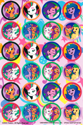 Size: 1207x1802 | Tagged: safe, hitch trailblazer, izzy moonbow, pipp petals, sunny starscout, zipp storm, earth pony, pegasus, pony, unicorn, g5, abstract background, female, horn, male, merchandise, scan, sticker set