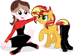 Size: 1432x1074 | Tagged: safe, artist:shizow, sunset shimmer, oc, oc:captain becky ray shoichet, pony, star trek: sunset shimmer, equestria girls, g4, boots, clothes, commissioner:jrshinkansenhorse, crossover, cute, daaaaaaaaaaaw, feet, ocbetes, rebecca shoichet, shimmerbetes, shoes, shoes removed, simple background, socks, star trek, starfleet, stocking feet, stockings, thigh highs, transparent background, vector
