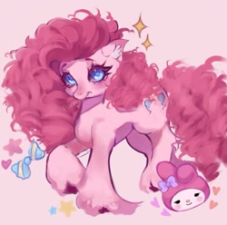 Size: 923x917 | Tagged: safe, artist:nan3nby, pinkie pie, earth pony, pony, rabbit, g4, animal, crossover, duo, ear fluff, female, hello kitty, mare, my melody, pink background, simple background, unshorn fetlocks