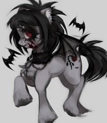Size: 997x1148 | Tagged: safe, artist:nan3nby, oc, oc only, bat, bat pony, pony, blood, choker, ear fluff, fangs, female, gray background, jewelry, mare, necklace, simple background, solo