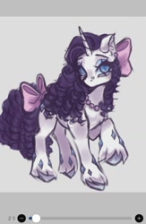 Size: 720x1107 | Tagged: safe, artist:nan3nby, rarity, pony, unicorn, g4, alternate hairstyle, bow, ear piercing, earring, female, gray background, hair bow, horn, jewelry, mare, necklace, piercing, ringlets, simple background, solo, tail, tail bow, unshorn fetlocks, wip