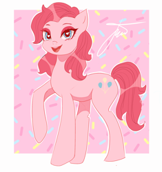 Size: 1880x2004 | Tagged: safe, artist:sanechkaa, pinkie pie, earth pony, pony, alternate hairstyle, eyeshadow, female, heart, heart eyes, makeup, mare, open mouth, raised hoof, solo, wingding eyes