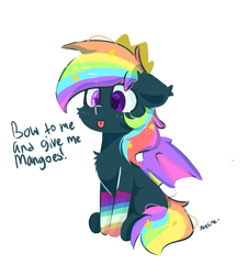 Size: 665x737 | Tagged: safe, artist:skylinepony_, oc, oc only, oc:prism star, bat pony, pony, black mane, clothes, cute, female, simple background, sitting, socks, solo, spread wings, striped socks, text, tongue out, white background, wings