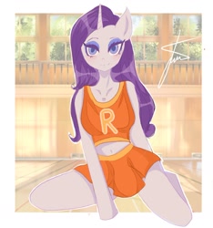 Size: 1880x2005 | Tagged: safe, artist:sanechkaa, rarity, unicorn, anthro, unguligrade anthro, alternate hairstyle, bedroom eyes, belly button, blushing, clothes, eyeshadow, female, horn, makeup, midriff, skirt, solo, tank top