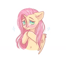 Size: 1451x1261 | Tagged: safe, artist:arllistar, fluttershy, pegasus, pony, g4, belly button, blushing, female, hooves together, looking at you, mare, simple background, solo, white background
