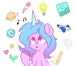 Size: 806x697 | Tagged: safe, artist:comfort_ponies, izzy moonbow, pony, unicorn, g5, bulb, cute, earth, heart, horn, music notes, open mouth, paper, pencil, plane, planet, raised hoof, simple background, stars, toy plane, white background
