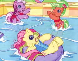 Size: 403x315 | Tagged: safe, applejack, applejack (g3), star surprise, wysteria, earth pony, pony, g3, beach ball, bikini, clothes, cute, floating, happy, inner tube, one-piece swimsuit, playing, playing ball, ponytail, pool toy, splashing, swimming, swimming pool, swimsuit, two-piece swimsuit
