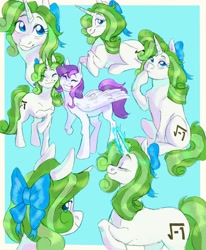 Size: 1400x1700 | Tagged: safe, artist:abbytabbys, oc, oc only, oc:minty root, oc:snow kicker, pegasus, pony, unicorn, blue background, blue bow, blue eyes, border, bow, colored eyebrows, commission, curly mane, curly tail, cyan background, doodle dump, doodle page, duo, duo female, eye clipping through hair, eyebrows, eyebrows visible through hair, female, folded wings, glowing, glowing horn, green mane, green tail, hair bow, horn, long mane, long tail, looking at you, looking back, looking back at you, magic, mare, nuzzling, pegasus oc, profile, purple mane, purple tail, raised hoof, shiny mane, shiny tail, sibling love, siblings, simple background, sisterly love, sisters, sitting, smiling, smiling at you, solo focus, standing, tail, thinking, two toned mane, two toned tail, unicorn horn, unicorn oc, walking, white coat, wings