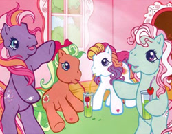 Size: 403x315 | Tagged: safe, applejack (g3), minty, sunny daze (g3), twinkle twirl, earth pony, pony, g3, official, apple juice, bipedal, bow, carpet, door, drink, drinking, drinking straw, glass, hair bow, hoof heart, indoors, juice, pink background, ponytail, simple background, sitting, standing, straw, sunshine, underhoof, wavy mane, window