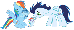 Size: 3812x1557 | Tagged: safe, rainbow dash, soarin', oc, oc:ragtag, oc:shooting star, pegasus, pony, baby, baby pony, female, filly, foal, male, mare, offspring, parent:rainbow dash, parent:soarin', parents:soarindash, ship:soarindash, shipping, siblings, simple background, stallion, straight, transparent background, twins