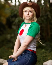 Size: 1080x1350 | Tagged: safe, applejack, human, equestria girls, equestria girls series, clothes, cosplay, costume, cowboy hat, female, hat, irl, irl human, liar face, photo, solo, solo female