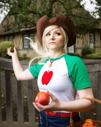 Size: 1080x1350 | Tagged: safe, applejack, human, equestria girls, equestria girls series, apple, clothes, cosplay, costume, cowboy hat, female, food, hat, irl, irl human, photo, solo, solo female