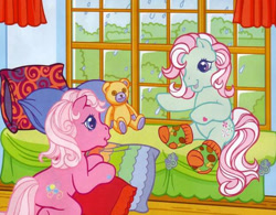 Size: 403x315 | Tagged: safe, minty, pinkie pie (g3), pony, g3, official, bed, cute, diapinkes, g3 diapinkes, happy, hug, listening, mintabetes, mushroom, oh minty minty minty, pillow, pillow hug, plushie, rain, sitting, sitting on bed, socks, talking, teddy bear, that pony sure does love socks, window