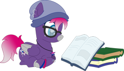 Size: 2208x1266 | Tagged: safe, artist:pure-blue-heart, oc, oc only, oc:pureheart, pegasus, beanie, book, bracelet, colored wings, ear piercing, earring, glasses, hat, jewelry, necklace, open book, pegasus oc, piercing, simple background, solo, transparent background, watermark, wings