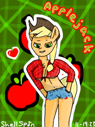 Size: 768x1024 | Tagged: safe, artist:shell spin, applejack, anthro, g4, abstract background, apple, blouse, breasts, clothes, denim, denim shorts, female, food, shorts, solo