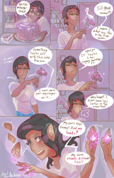 Size: 1089x1696 | Tagged: safe, artist:artbyharu, human, cake, comic, dialogue, food, hooves, human to anthro, speech bubble, transformation