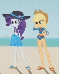Size: 198x250 | Tagged: safe, edit, edited screencap, screencap, applejack, rarity, aww... baby turtles, equestria girls, equestria girls series, g4, animated, applejack's beach shorts swimsuit, applejack's hat, beach, clothes, cowboy hat, cropped, gif, hat, pigeon toed, rarity's blue sarong, rarity's purple bikini, sandals, swimsuit, time-lapse