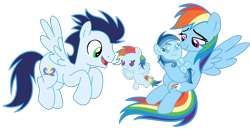 Size: 3812x1966 | Tagged: safe, rainbow dash, soarin', oc, oc:ragtag, oc:shooting star, pegasus, pony, baby, baby pony, female, filly, foal, male, mare, offspring, parent:rainbow dash, parent:soarin', parents:soarindash, ship:soarindash, shipping, siblings, simple background, stallion, straight, transparent background, twins
