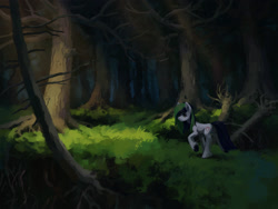 Size: 2400x1800 | Tagged: safe, artist:koviry, oc, oc only, oc:trance sequence, earth pony, pony, colored hooves, commission, dead tree, detailed background, ear fluff, earth pony oc, forest, forest background, frown, leg fluff, long mane, long mane male, long tail, male, nature, outdoors, raised hoof, raised leg, scenery, scenery focus, solo, stallion, tail, thin, tree, two toned mane, two toned tail, underhoof, unshorn fetlocks, walking, white coat, yellow eyes