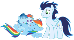 Size: 3812x2049 | Tagged: safe, rainbow dash, soarin', oc, oc:ragtag, oc:shooting star, pegasus, pony, g4, baby, baby pony, female, filly, foal, male, mare, offspring, parent:rainbow dash, parent:soarin', parents:soarindash, ship:soarindash, shipping, siblings, simple background, stallion, straight, transparent background, twins