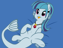 Size: 640x480 | Tagged: safe, artist:shelikof launch, derpibooru exclusive, sonata dusk, hybrid, pony, siren, g4, :p, animated, belly, belly button, cute, eating, featureless crotch, female, lying down, mare, on back, round belly, simple background, smiling, solo, swallowing, throat bulge, tongue out, vore