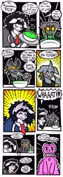 Size: 3000x8341 | Tagged: safe, artist:facadeart, oc, oc only, oc:facade the witch, oc:trex vyrax, cat, changeling, pony, unicorn, comic:ponymaid, :3, blushing, dialogue, female, horn, mare, yellow changeling