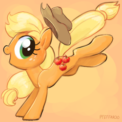 Size: 2048x2048 | Tagged: safe, artist:pfeffaroo, applejack, earth pony, pony, g4, 3d cutie mark, applebucking, applejack's hat, bucking, cowboy hat, female, freckles, hair tie, hat, high res, looking back, mare, open mouth, open smile, orange background, profile, signature, simple background, smiling, solo