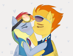 Size: 2080x1620 | Tagged: artist needed, source needed, safe, rainbow dash, spitfire, pegasus, pony, g4, clothes, drill sergeant, female, kissing, lesbian, mare, necktie, romantic, ship:spitdash, shipping, spitfire's tie, suit, sunglasses, sunglasses on head, uniform, wonderbolt trainee uniform, wonderbolts dress uniform