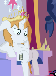 Size: 819x1120 | Tagged: safe, artist:minecake, oc, oc only, oc:cake sparkle, bad end, banner, belly, big crown thingy, celestia's crown, crown, element of magic, jewelry, regalia, sad, sitting, solo, throne room, tired, twilight's crown, twilight's throne