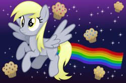 Size: 4581x3026 | Tagged: safe, artist:anime-equestria, derpy hooves, pegasus, g4, :3, cute, female, food, mare, muffin, nyan cat, rainbow, smiling, solo, space, sparkly eyes, wingding eyes, wings