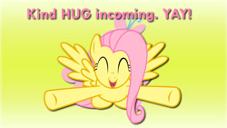 Size: 1024x576 | Tagged: safe, artist:barrfind, artist:loboguerrero, fluttershy, pegasus, pony, g4, ^^, cute, eyes closed, female, incoming hug, mare, shyabetes, solo, text, wallpaper