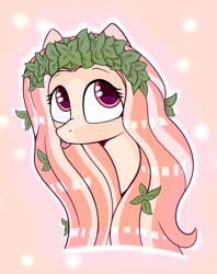 Size: 1648x2085 | Tagged: safe, artist:3naa, oc, oc only, oc:ichordrop, pony, :p, bust, freckles, garland, leaf, leaves, leaves in hair, long hair, markings, solo, tongue out