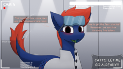 Size: 3840x2160 | Tagged: safe, artist:monycaalot, oc, oc only, oc:fizark catto, monster pony, original species, pony, tatzlpony, series:catto's vore stream, blushing, fangs, implied vore, incentive drive, ko-fi, livestream, long tail, looking at you, male, tail, talking to viewer