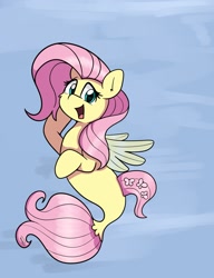 Size: 1437x1869 | Tagged: safe, artist:taurson, fluttershy, pegasus, pony, seapony (g4), g4, cyan eyes, eyelashes, fins, flowing mane, flowing tail, gills, looking at you, ocean, open mouth, pink mane, pose, spread wings, swimming, tail, water, wings, yellow coat