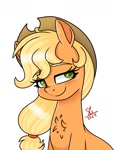Size: 975x1280 | Tagged: safe, artist:galaxy swirl, applejack, earth pony, pony, g4, applejack's hat, cowboy hat, cute, eyebrows, eyebrows visible through hair, flowing mane, freckles, green eyes, hat, jackabetes, looking at you, orange coat, orange mane, ponytail, signature, simple background, smiling, smiling at you, white background