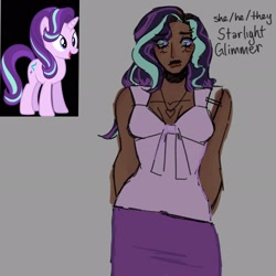 Size: 2048x2048 | Tagged: safe, artist:princezzzom, starlight glimmer, human, pony, unicorn, g4, african american, blue eyes, clothes, dark skin, eyeshadow, gray background, headcanon, horn, human coloration, humanized, jewelry, looking at you, makeup, necklace, pants, pronouns, reference sheet, shirt, simple background, solo, tail, two toned hair, two toned mane, two toned tail, vector