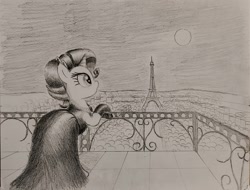 Size: 2399x1822 | Tagged: safe, anonymous artist, rarity, g4, balcony, city, clothes, dress, eiffel tower, holly golightly, moon, night, paris, solo, traditional art